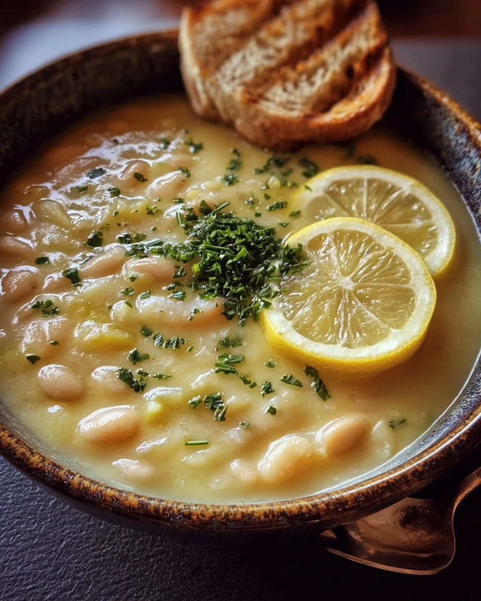 Bowl of easy white bean lemon soup garnished with herbs and lemon slices.