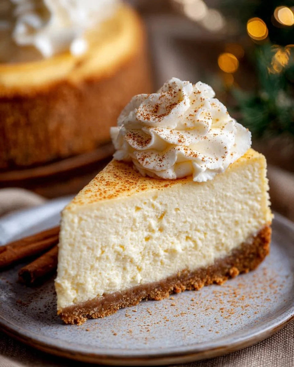 Deliciously creamy Eggnog Cheesecake topped with nutmeg and whipped cream.