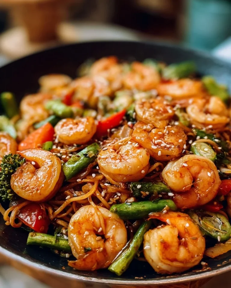 Colorful family-friendly shrimp stir fry cooked with vegetables in a wok