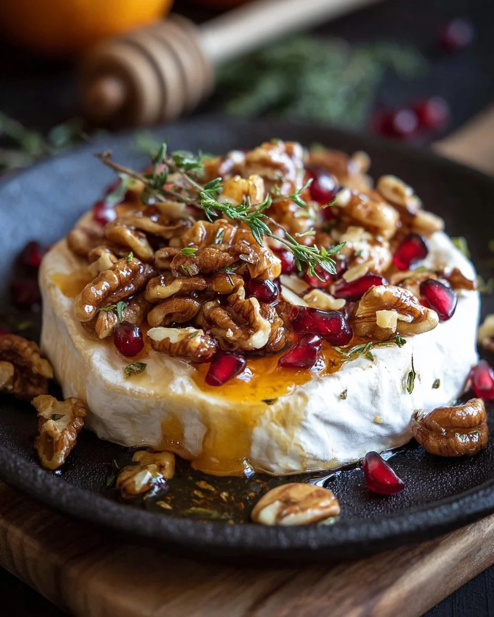 A festive Brie cheese platter with fruits and nuts for holiday celebrations.