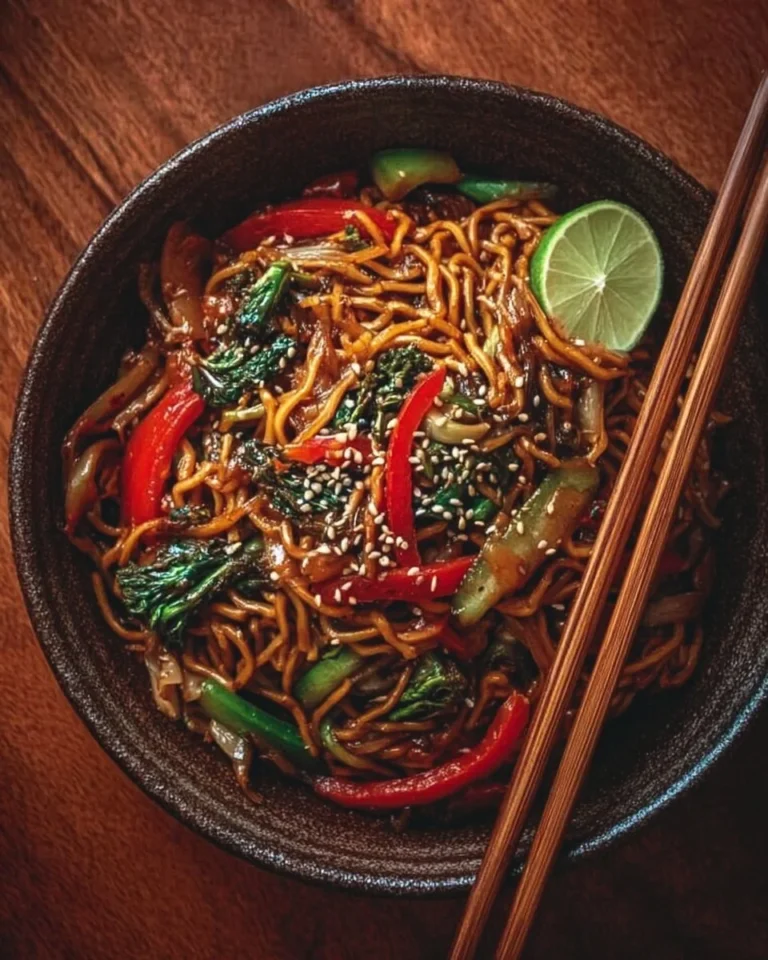 Delicious bowl of Fiery Asian Stir-Fried Noodles with colorful vegetables and spices