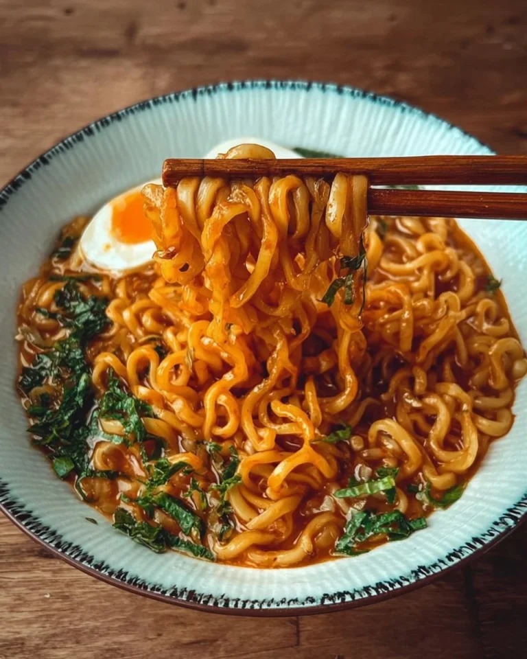 A bowl of fiery fire chicken noodles garnished with fresh herbs and spices