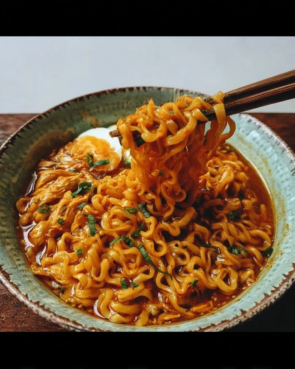 Bowl of Fire Chicken Ramen topped with spicy chicken and vibrant vegetables
