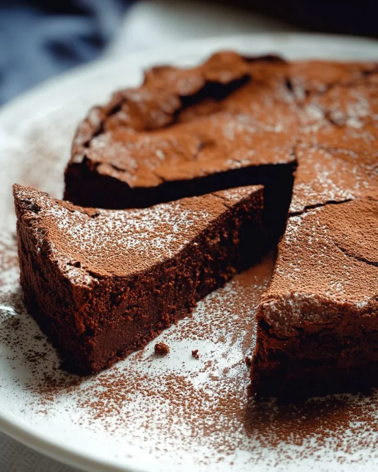Decadent Flourless Chocolate Cake served on a plate, perfect for dessert lovers.