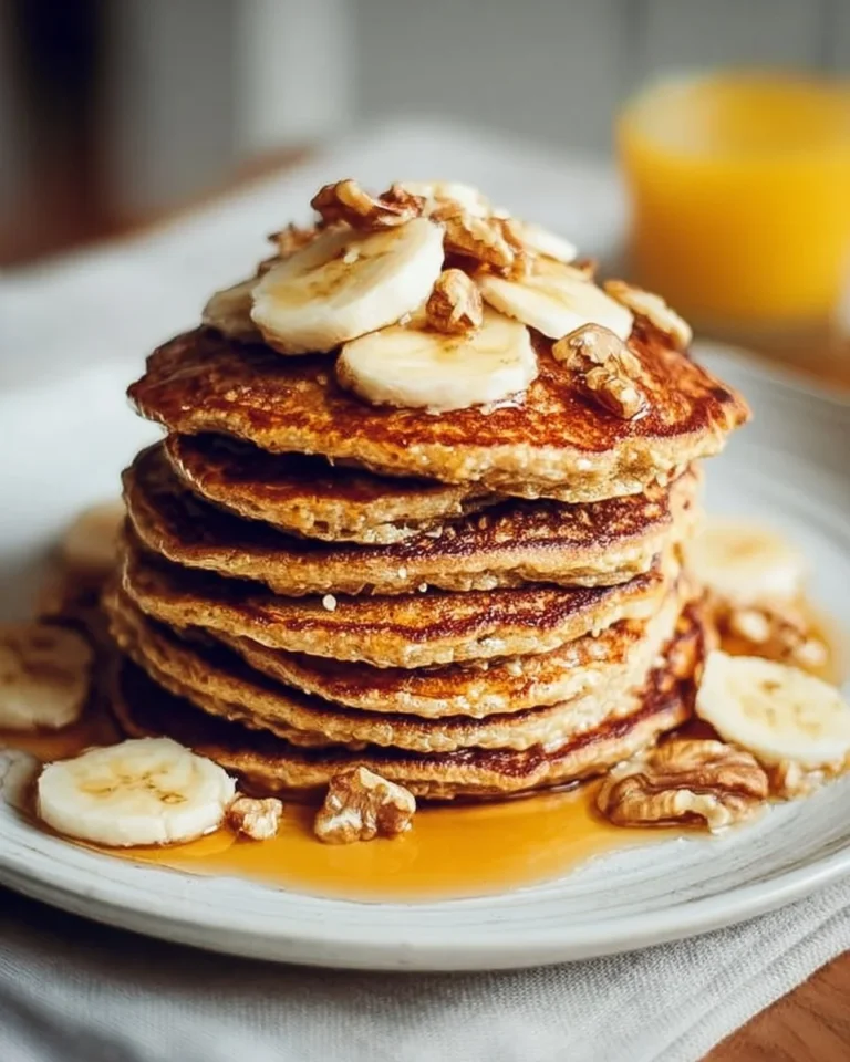 Fluffy vegan banana oatmeal pancakes on a plate with syrup and fruit