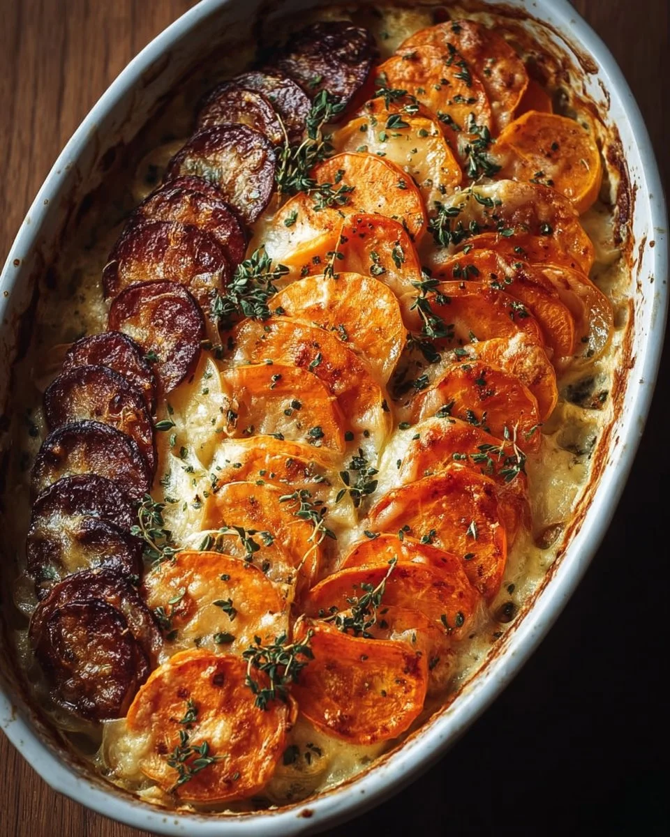 Four-cheese root vegetable gratin baked to perfection, golden and cheesy.