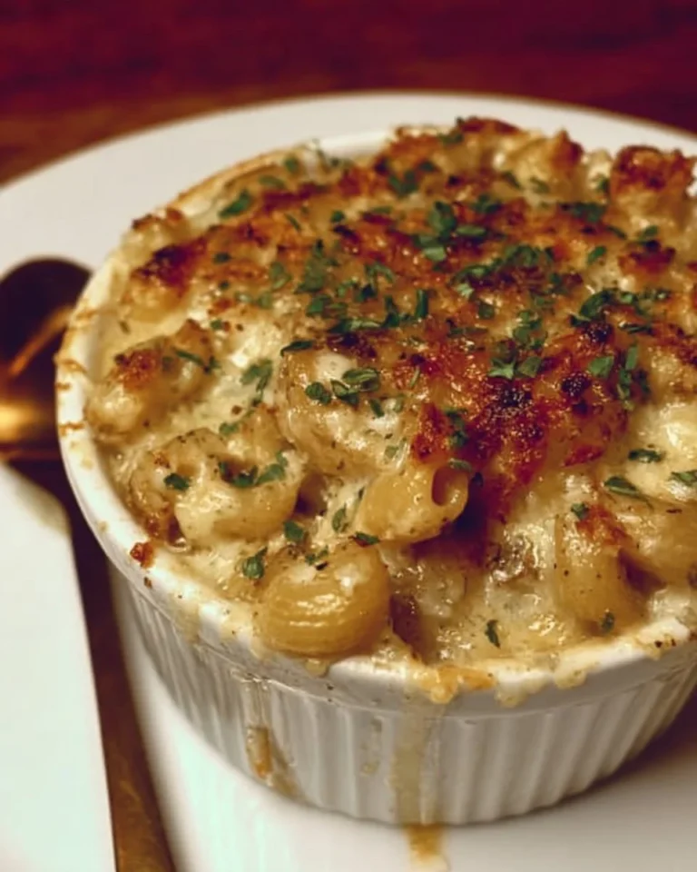 Delicious bowl of French Onion Soup Pasta topped with melted cheese.