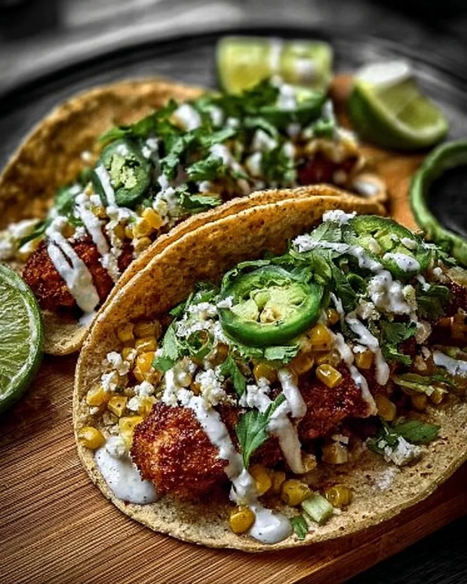 Fried chicken street corn tacos garnished with fresh ingredients.