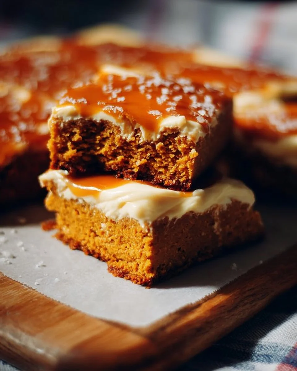 Delicious frosted pumpkin bars topped with burnt sugar glaze