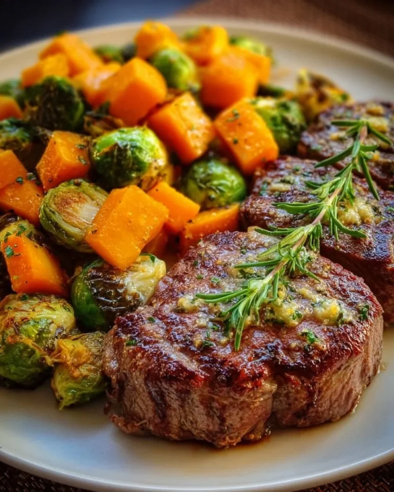 Garlic Butter Steak served with Brussels Sprouts and Butternut Squash