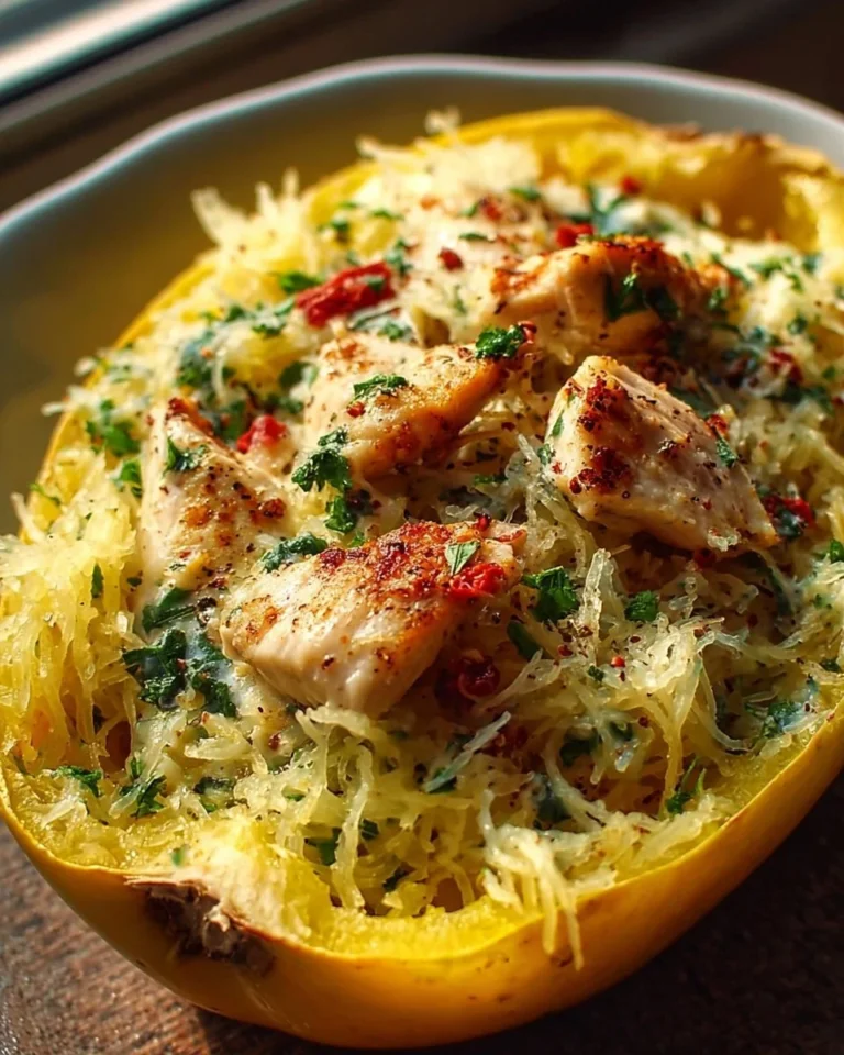 Garlic Chicken Spaghetti Squash served in a bowl with fresh herbs