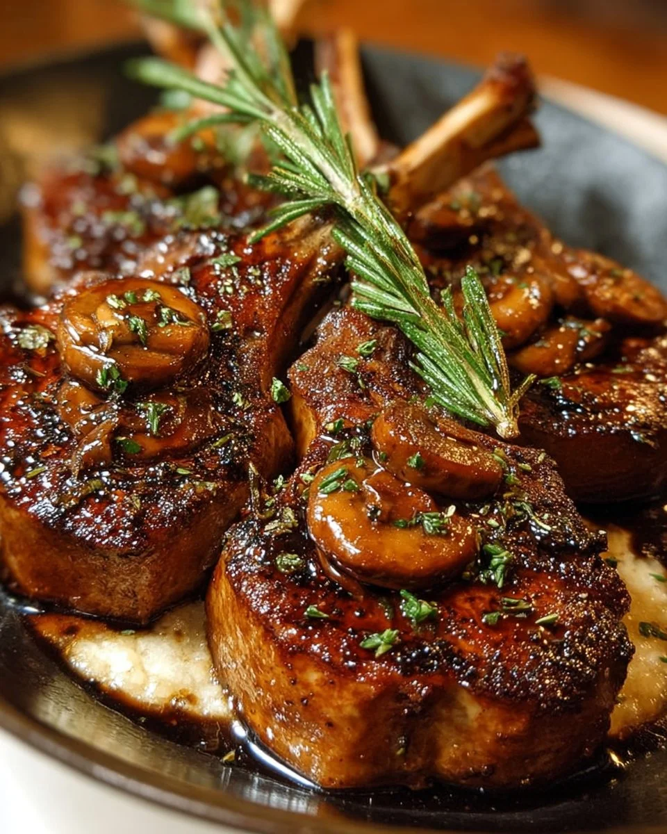 Garlic mushroom lamb chops served on a plate garnished with herbs