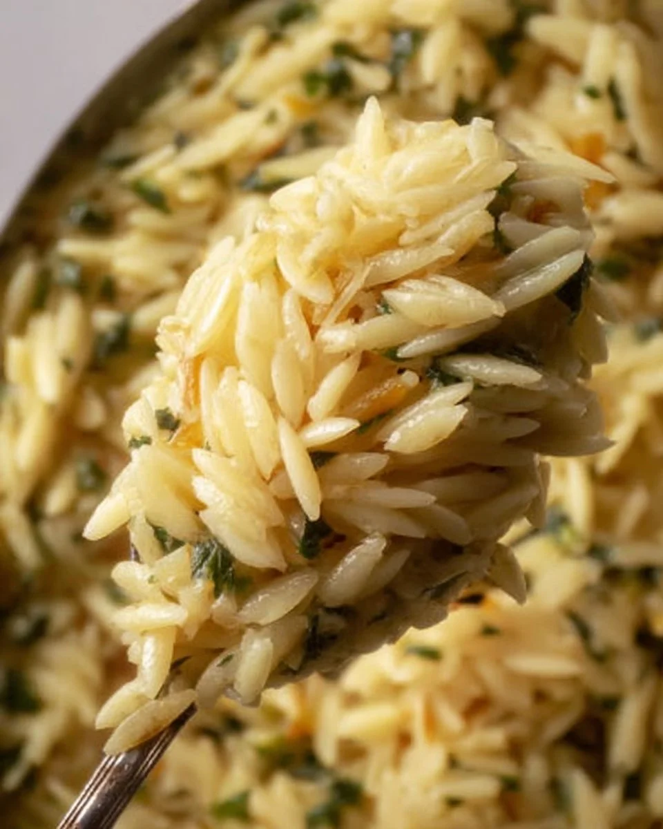 Creamy Garlic Parmesan Orzo served with fresh herbs and cheese.