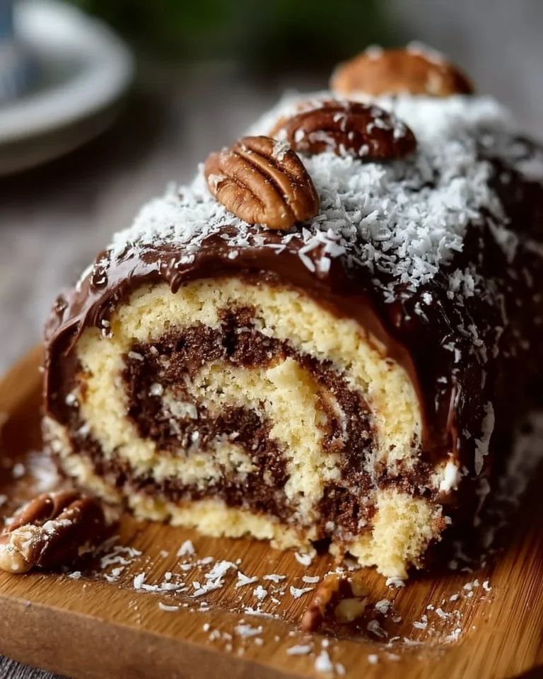 Delicious German Chocolate Cake Roll with coconut and pecan frosting