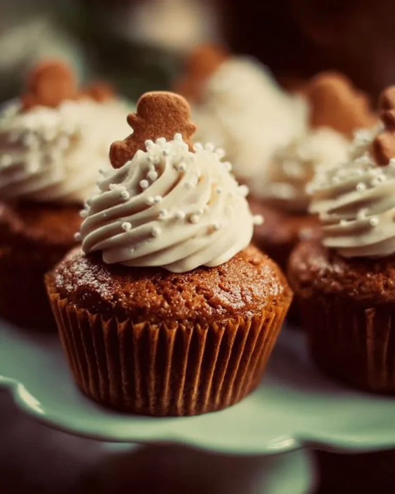 Delicious gingerbread cupcakes topped with creamy frosting and festive decorations