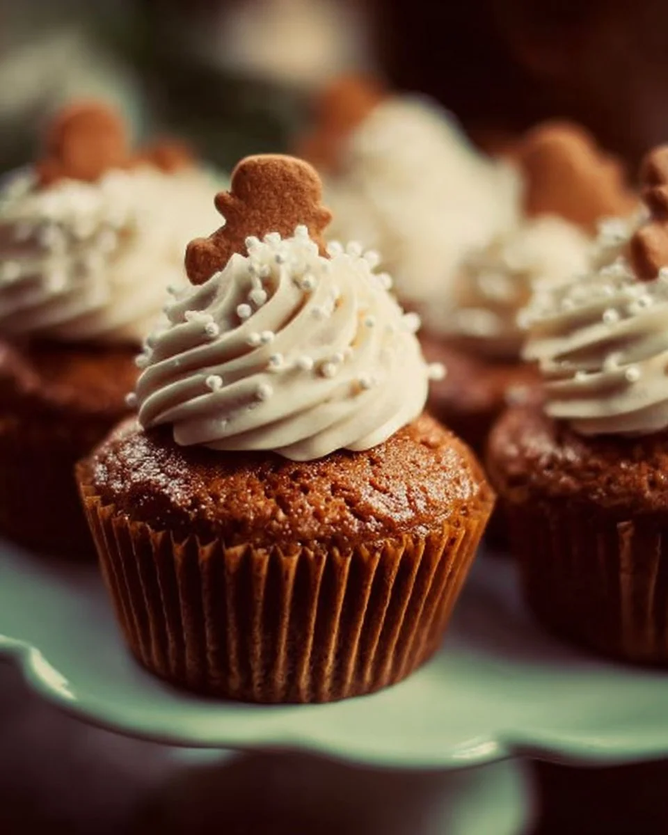 Delicious gingerbread cupcakes topped with creamy frosting and festive decorations