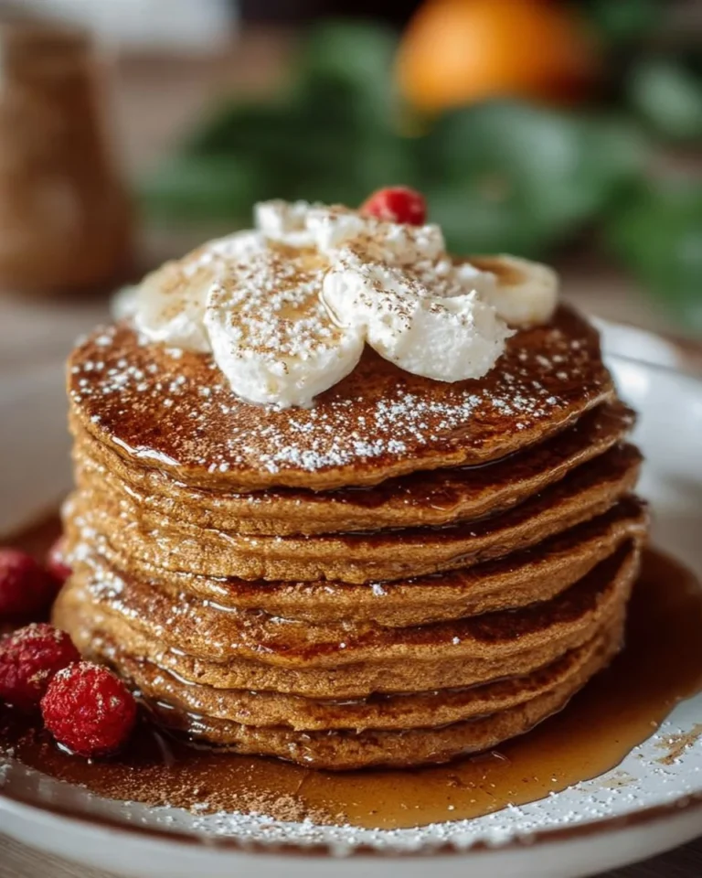 Fluffy gingerbread pancakes topped with syrup and spices