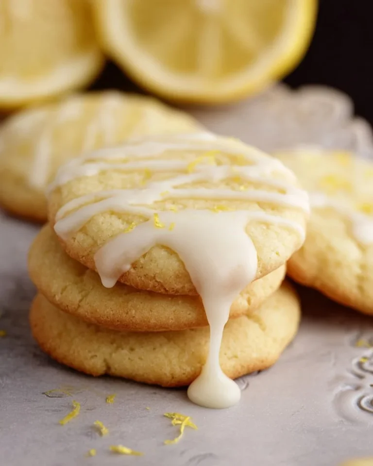 Glazed lemon cookies with a shiny citrus glaze on a rustic wooden background.