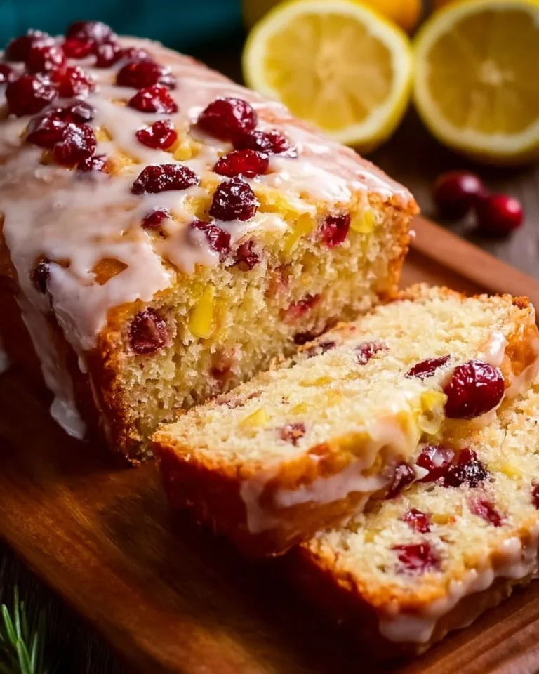Glazed Lemon Cranberry Yogurt Bread with icing on a wooden table.