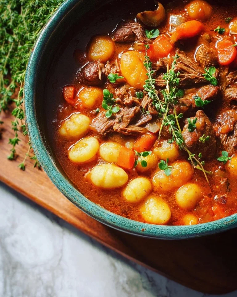 Bowl of hearty gnocchi beef stew with tender beef and fresh vegetables