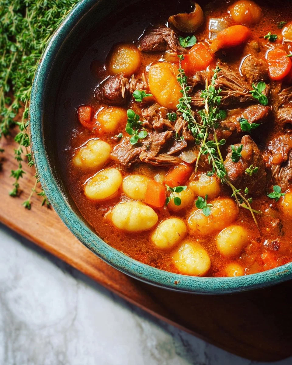 Bowl of hearty gnocchi beef stew with tender beef and fresh vegetables