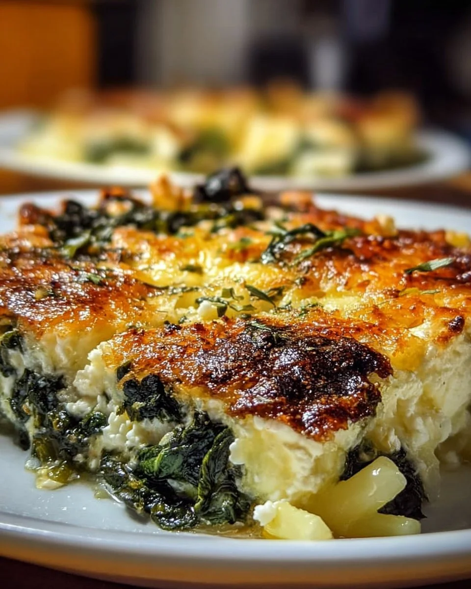 Golden Spinach Feta Bake freshly baked and served on a plate