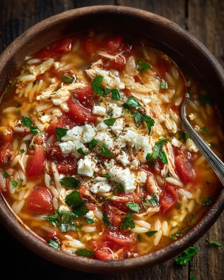 Bowl of Greek Chicken Orzo Soup with fresh herbs and chicken chunks