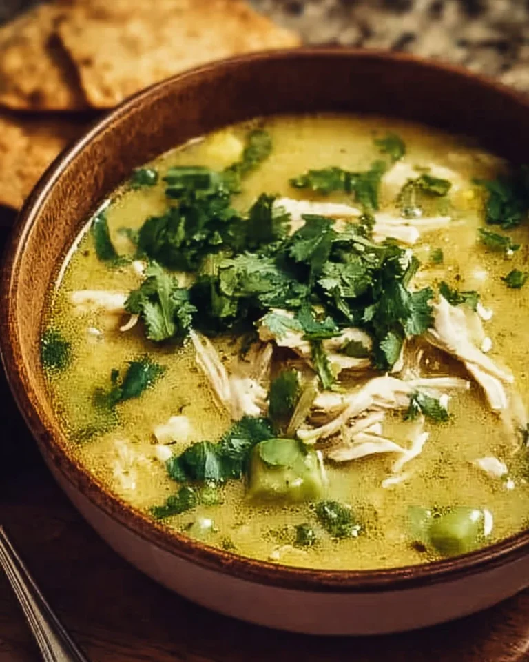 Bowl of Green Chicken Enchiladas Soup garnished with cilantro and cheese