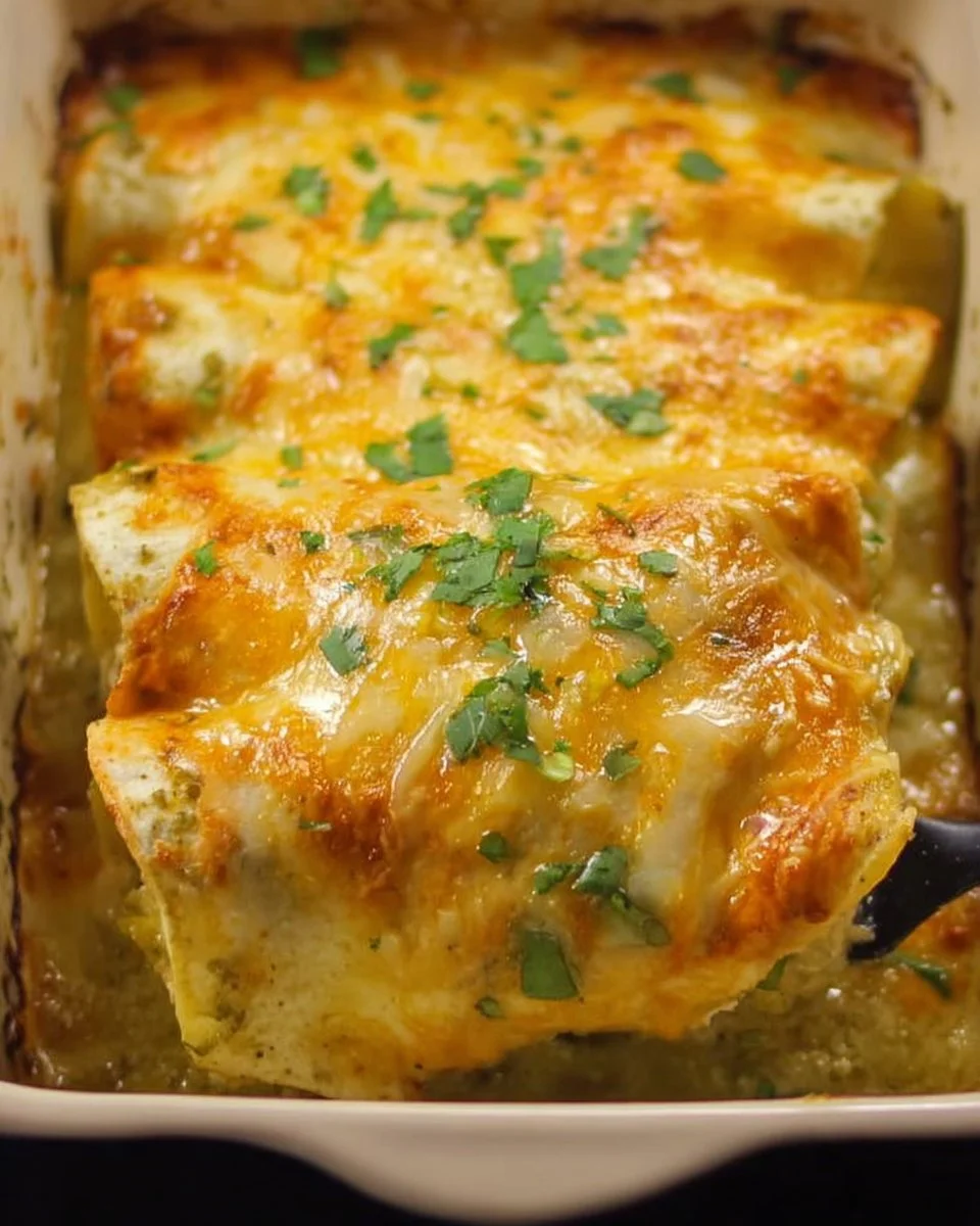 Delicious green chile chicken enchiladas garnished with fresh ingredients.
