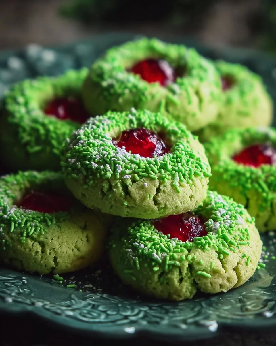 Festive Grinch Thumbprint Cookies decorated with green frosting and red candy.