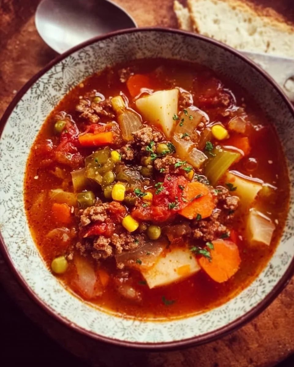 Delicious Hamburger Vegetable Soup in a bowl with fresh vegetables and ground beef