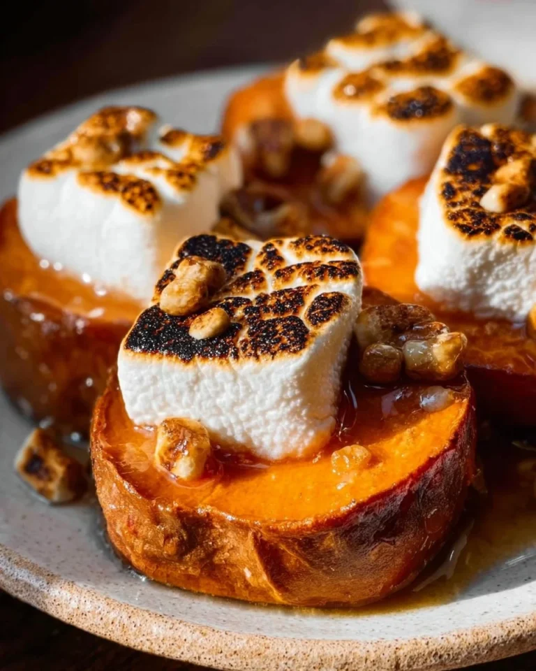 Healthy toasted marshmallow sweet potato rounds on a plate
