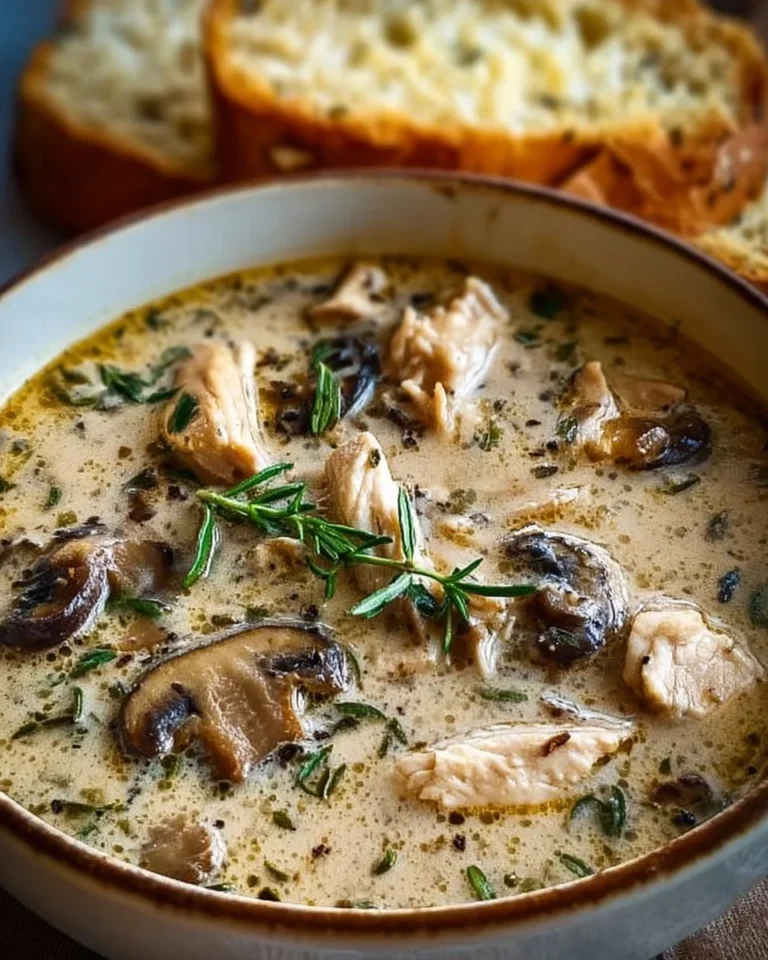 Bowl of hearty chicken mushroom soup with fresh herbs and vegetables.
