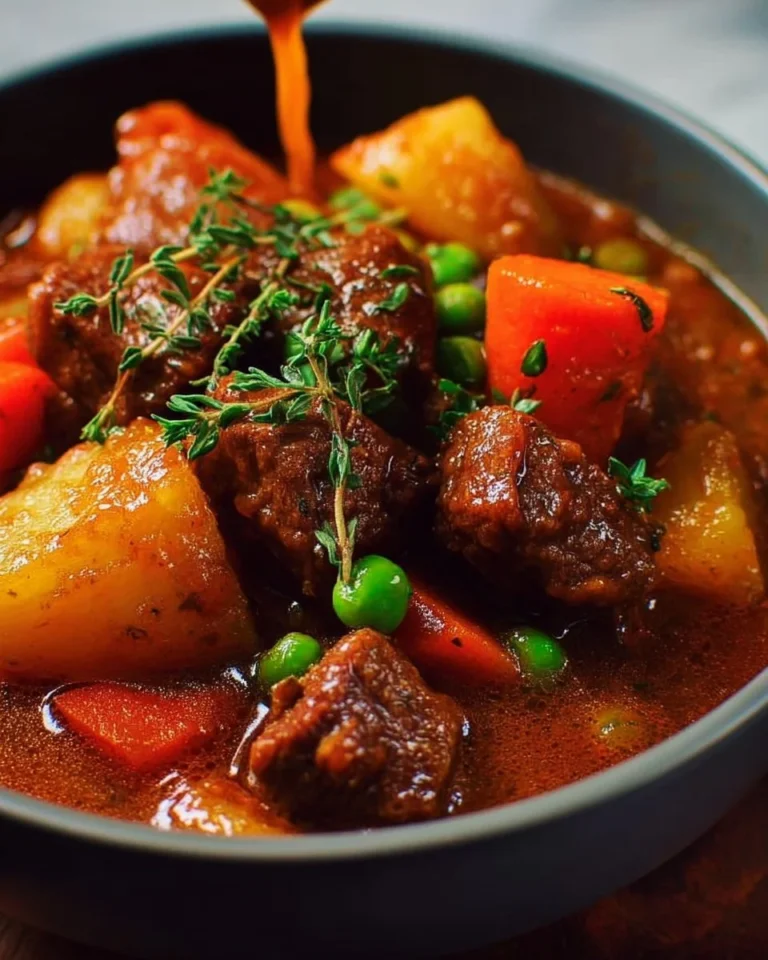A bowl of hearty gluten-free beef stew filled with vegetables and tender meat.