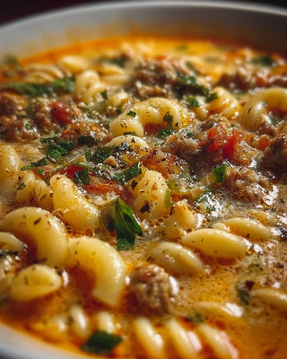 Bowl of hearty Italian sausage pasta soup with fresh herbs and vegetables