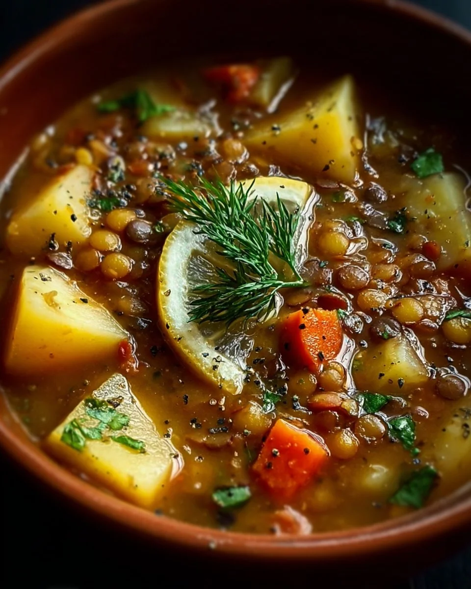 Bowl of hearty lentil and potato soup garnished with fresh herbs