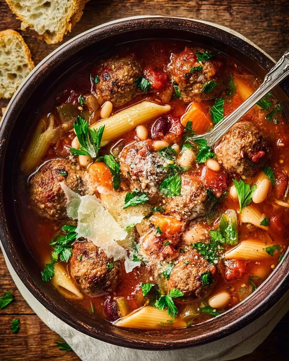 Hearty meatball soup with beans and pasta in a warm bowl