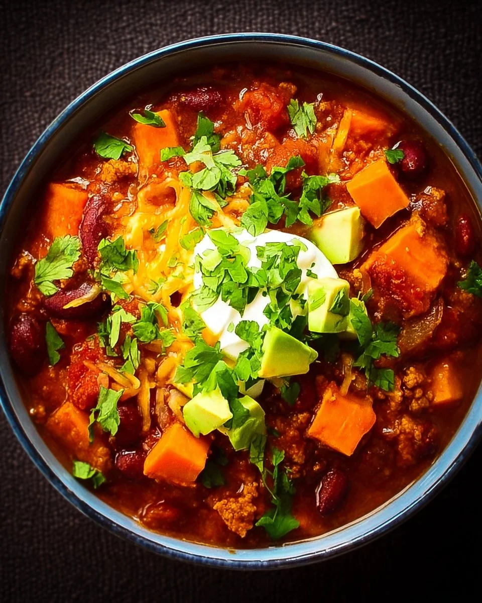 Hearty Turkey Sweet Potato Chili in a bowl with spices and toppings