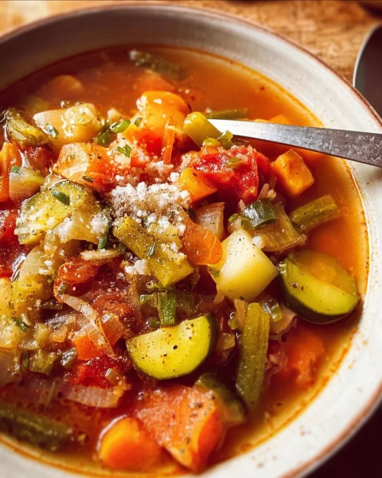 Bowl of hearty vegetable soup with fresh vegetables and herbs