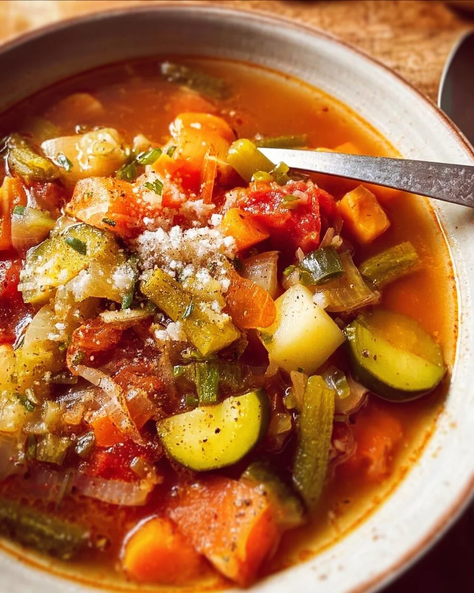 Bowl of hearty vegetable soup with fresh vegetables and herbs