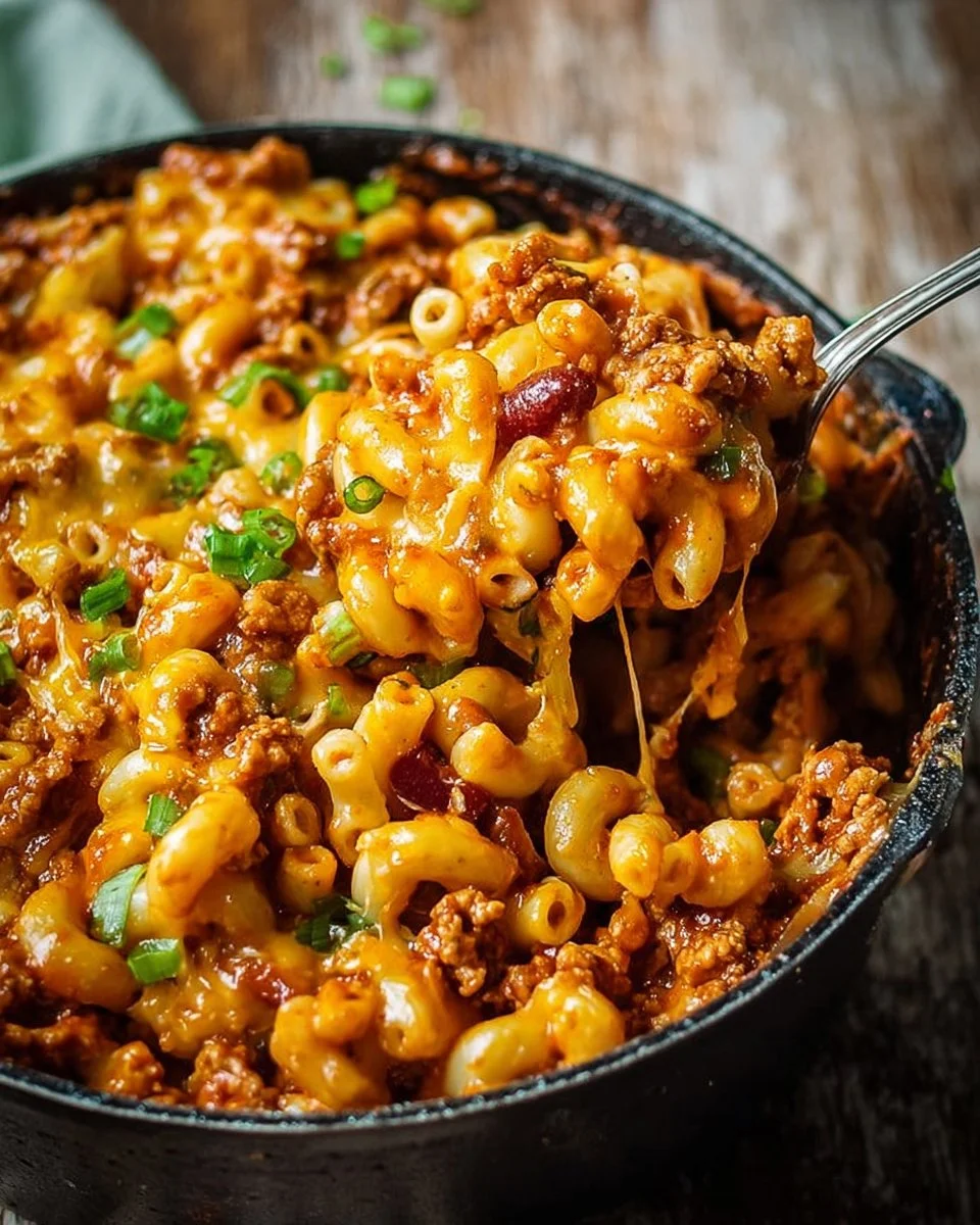 High protein turkey chili mac and cheese served in a bowl