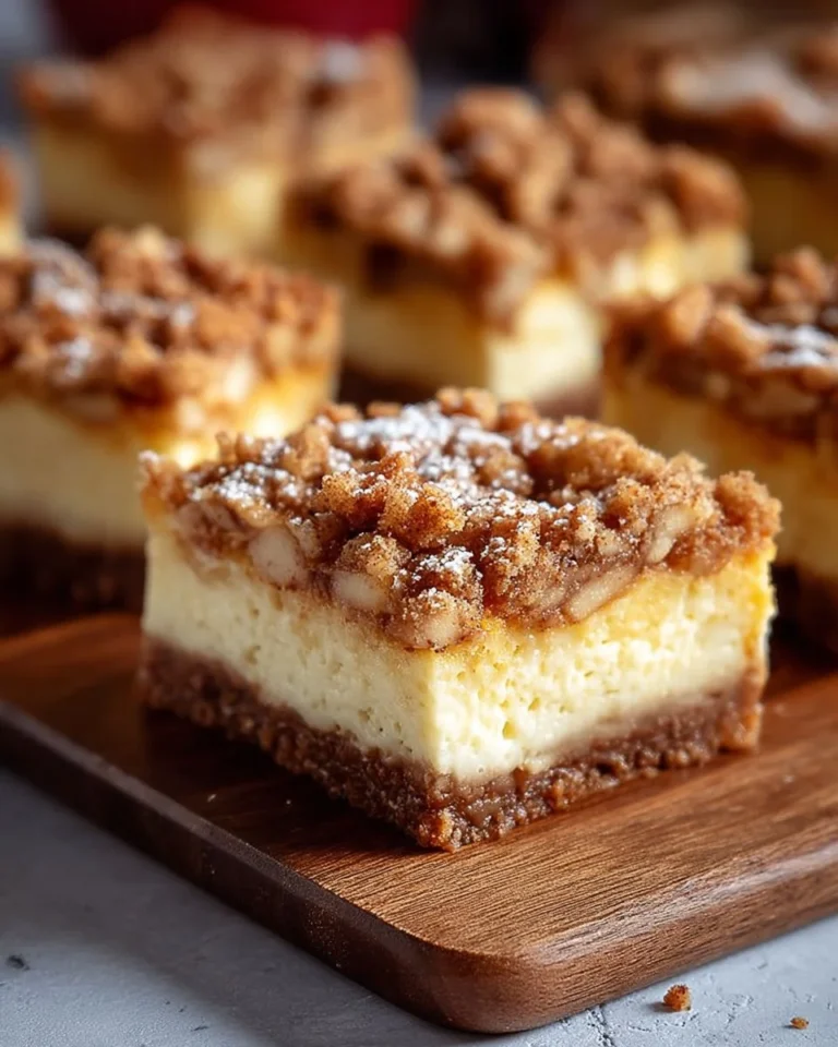 Homemade apple crisp cheesecake bars topped with crunchy streusel and apples
