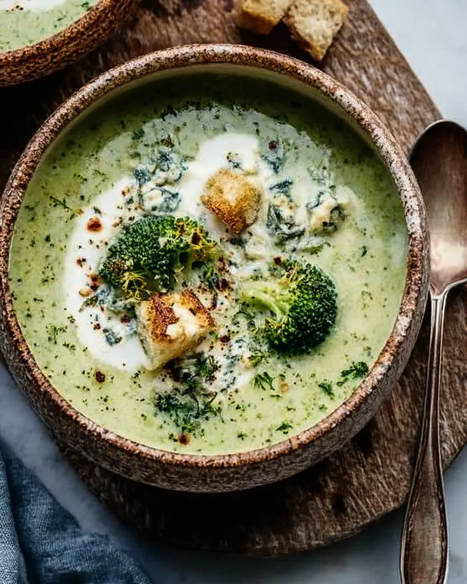 Bowl of homemade broccoli stilton soup garnished with fresh herbs