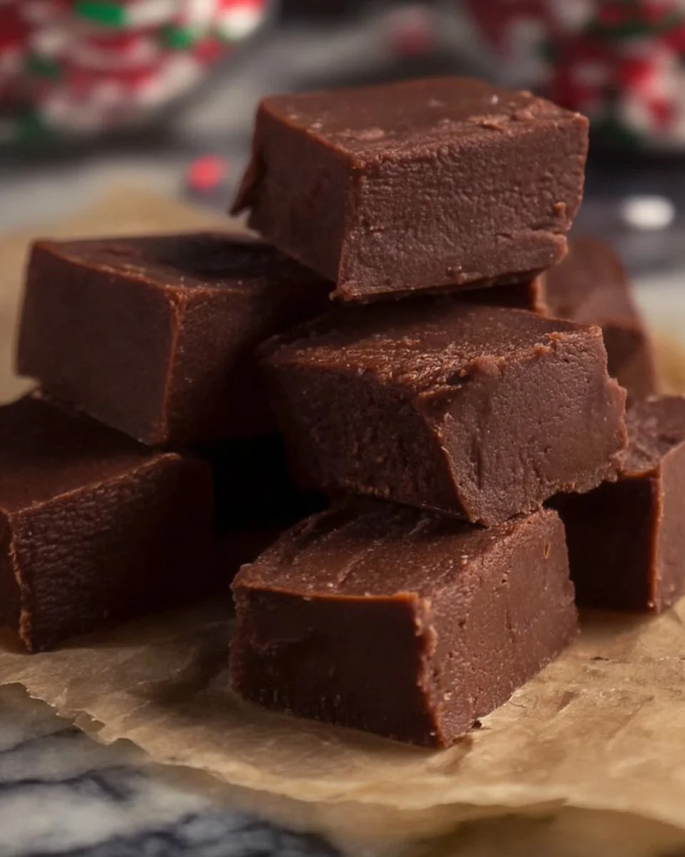 Delicious homemade chocolate fudge on a plate with a chocolate drizzle