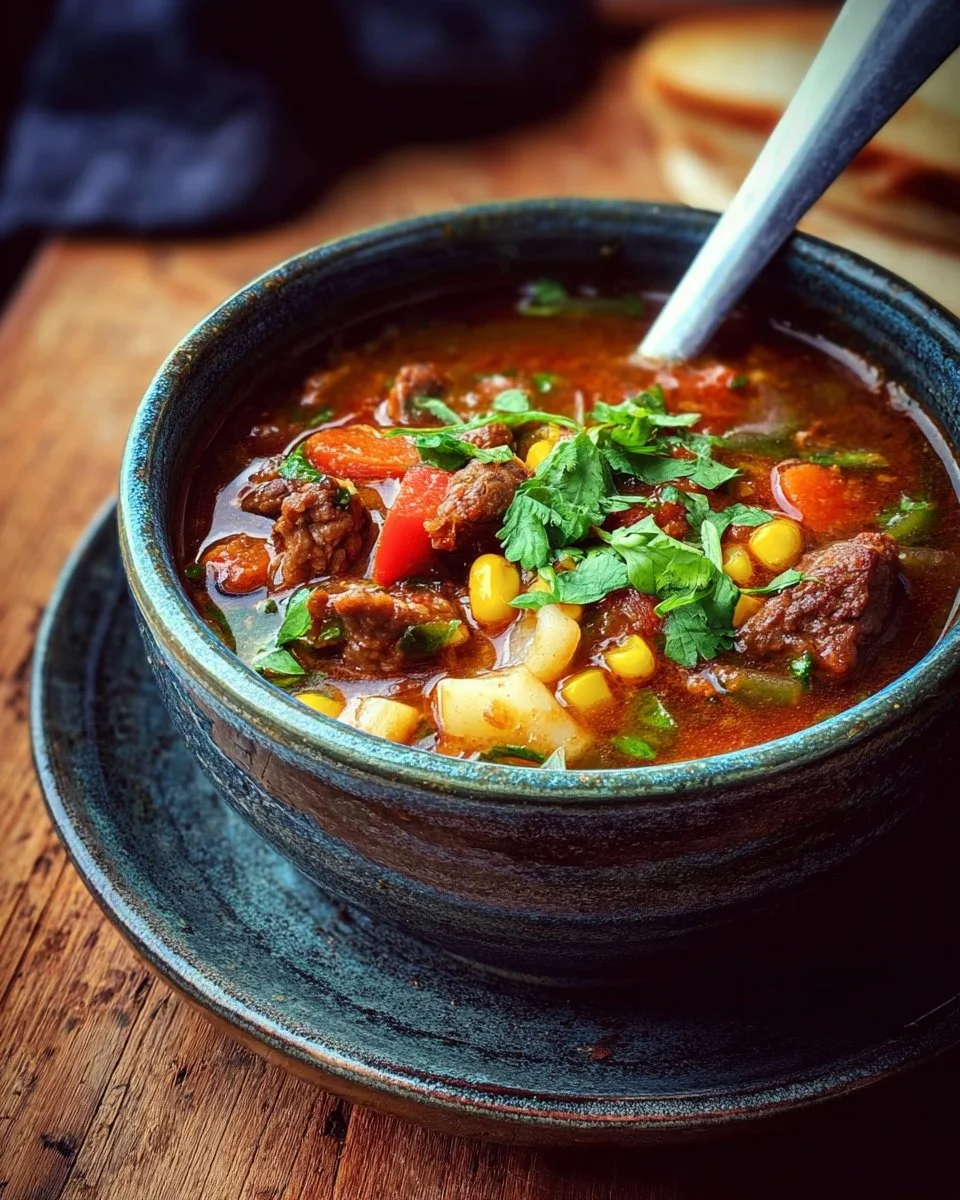 Bowl of homemade cowboy chili stew with beans and vegetables