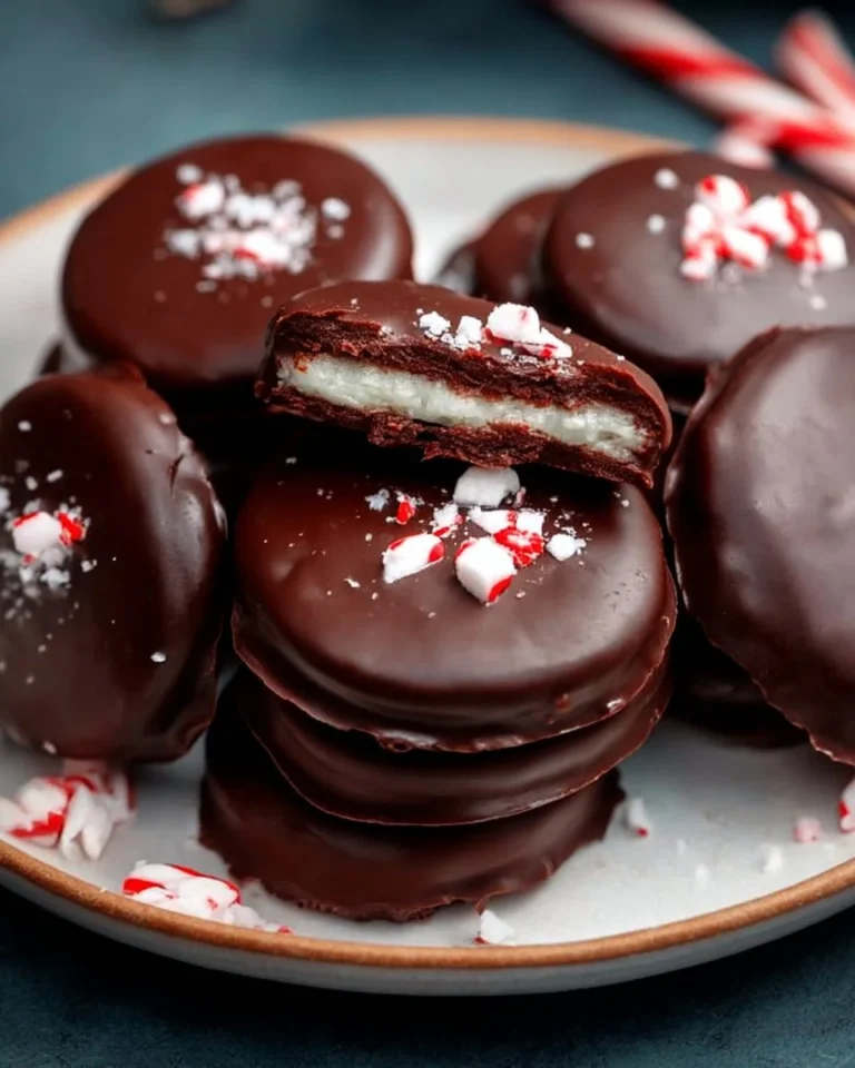 Homemade peppermint patties on a plate, chocolate-coated mint candies