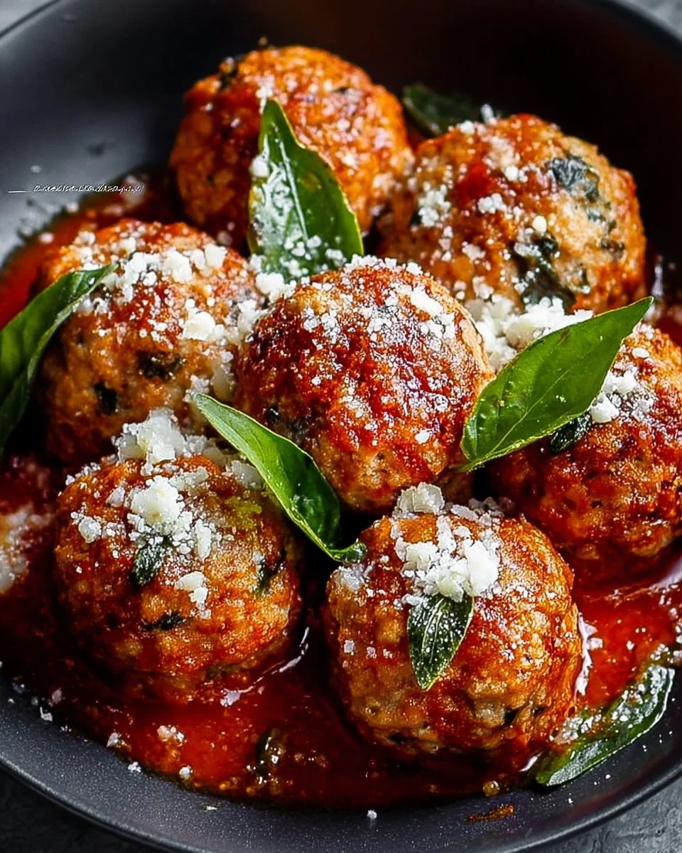 Plate of homemade ricotta meatballs with marinara sauce and basil.