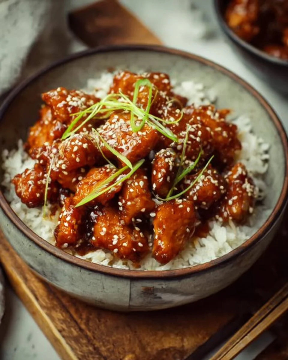 Delicious Honey Sesame Chicken served with rice and vegetables