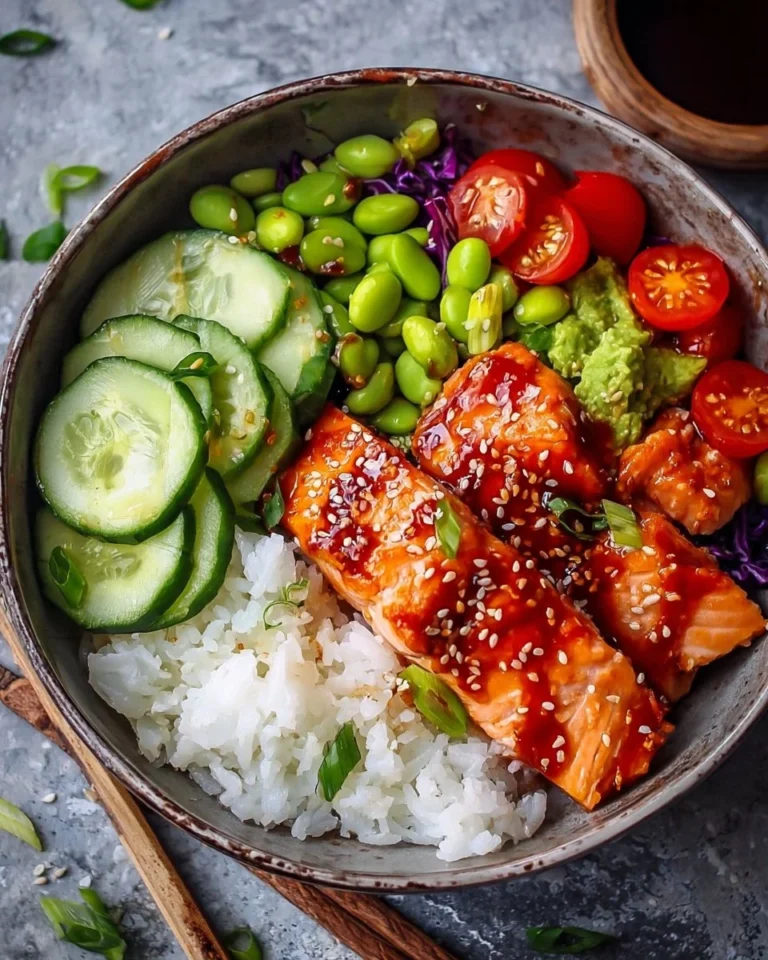 Honey Sriracha Salmon Bowls with colorful veggies and rice in a bowl