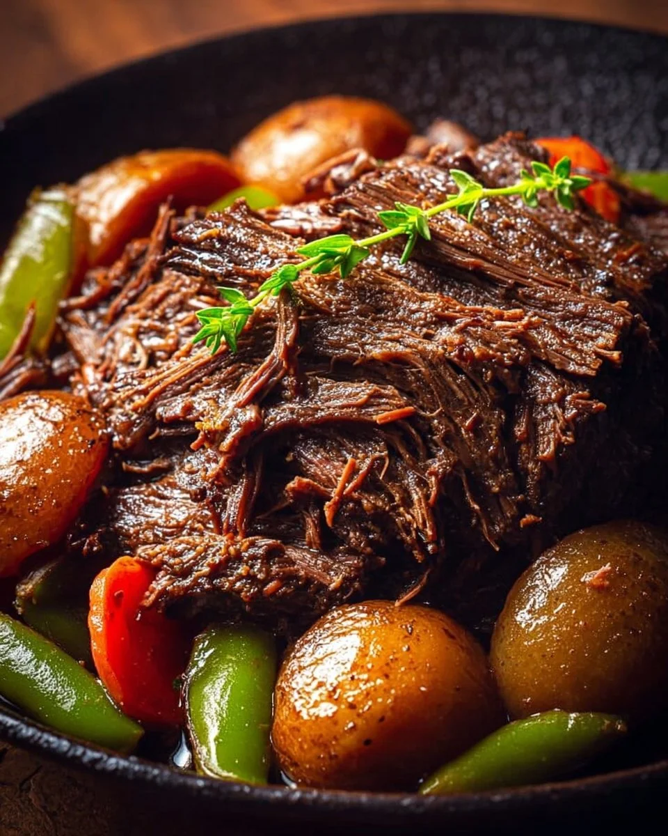 Delicious horseradish pot roast served with vegetables